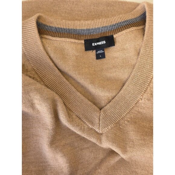 Express Merino Wool V-Neck Sweater Mens Sz L Beige/Tan Lightweight Knit Pullover - Picture 1 of 10